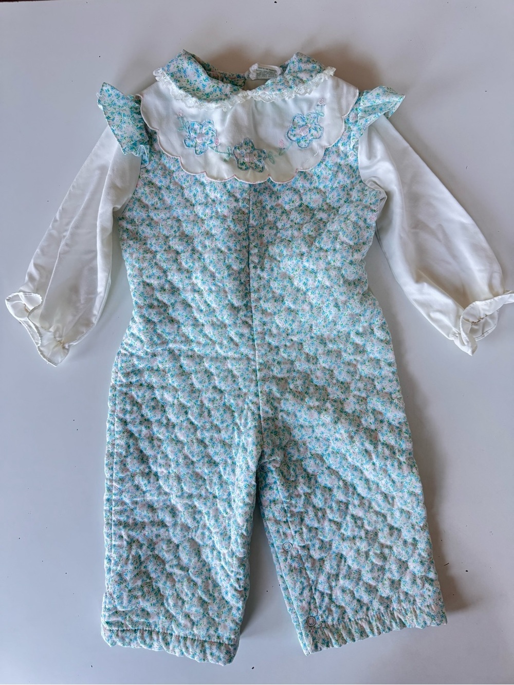 Vintage 70s A Tiny Tots Quilted Pastel Floral Ruffle Jumpsuit Cottage Prairie